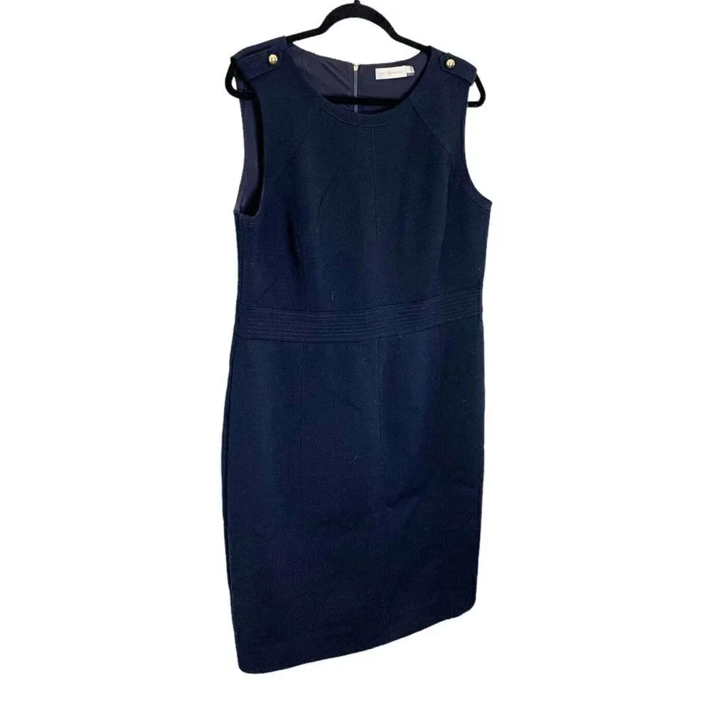 Tory Burch Women’s Wool Blend Evelina Sheath Dress size 14 Navy Blue Gold Detail